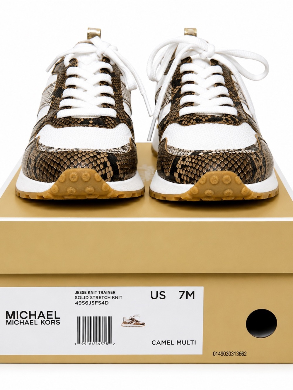 BNIB MICHAEL Michael Kors White & Camel Snake-Print Women’s Sneakers Size 7